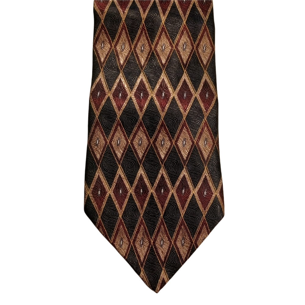 VTG LOUIS ROTH 100% Silk Red Brown Black Diamond Print Tie